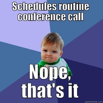 SCHEDULES ROUTINE CONFERENCE CALL NOPE, THAT'S IT Success Kid