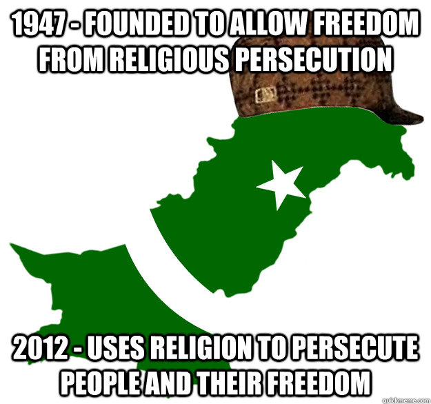 1947 - Founded to allow freedom from religious persecution 2012 - Uses religion to persecute people and their freedom  
