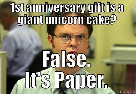 1ST ANNIVERSARY GIFT IS A GIANT UNICORN CAKE? FALSE. IT'S PAPER. Schrute