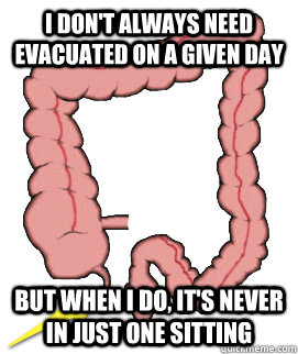 I don't always need evacuated on a given day But when I do, it's never in just one sitting  Scumbag Bowels