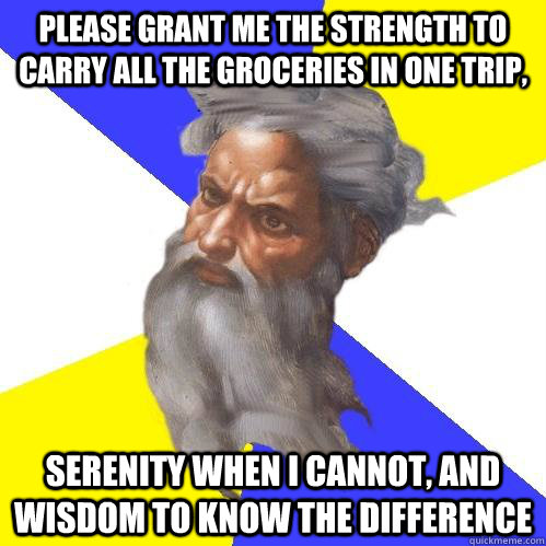 Please Grant me the strength to carry all the groceries in one trip, Serenity when i cannot, and wisdom to know the difference  Advice God