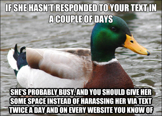 If she hasn't responded to your text in a couple of days she's probably busy, and you should give her some space instead of harassing her via text twice a day and on every website you know of  Actual Advice Mallard