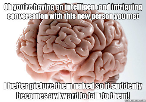 Oh you're having an intelligent and intriguing conversation with this new person you met I better picture them naked so it suddenly becomes awkward to talk to them!   Scumbag Brain