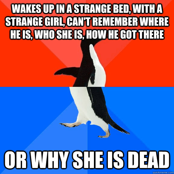 wakes up in a strange bed, with a strange girl, Can't remember where he is, who she is, how he got there or why she is dead  Socially Awesome Awkward Penguin