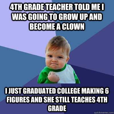 4th grade teacher told me I was going to grow up and become a clown I just graduated college making 6 figures and she still teaches 4th grade  Success Kid