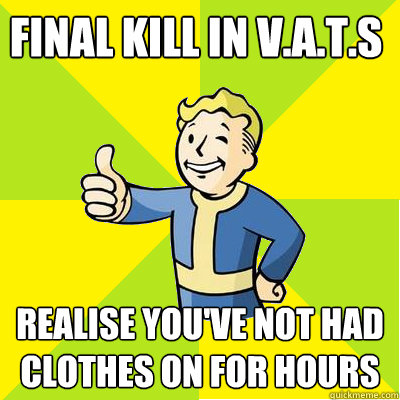 final kill in V.A.T.S realise you've not had clothes on for hours  Fallout new vegas