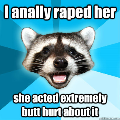 I anally raped her she acted extremely butt hurt about it  Lame Pun Coon