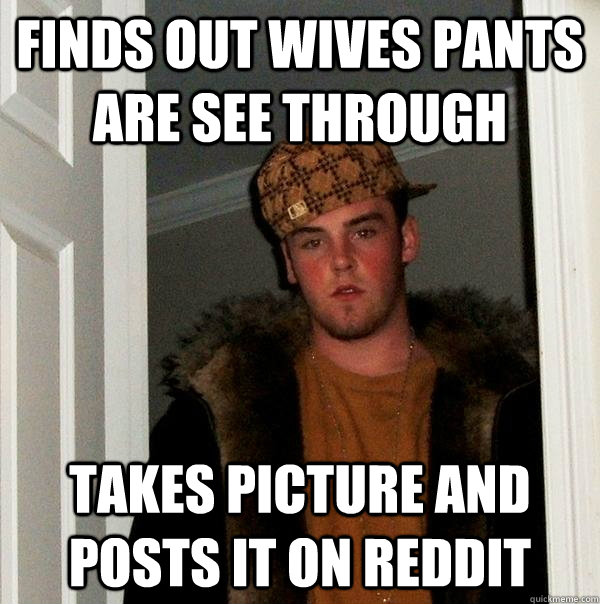 finds out wives pants are see through  takes picture and posts it on reddit  Scumbag Steve
