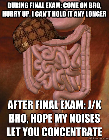 During final exam: Come on bro, hurry up. I can't hold it any longer After final exam: J/k bro, hope my noises let you concentrate  Scumbag Bowels