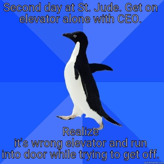 SECOND DAY AT ST. JUDE. GET ON ELEVATOR ALONE WITH CEO. REALIZE IT'S WRONG ELEVATOR AND RUN INTO DOOR WHILE TRYING TO GET OFF. Socially Awkward Penguin