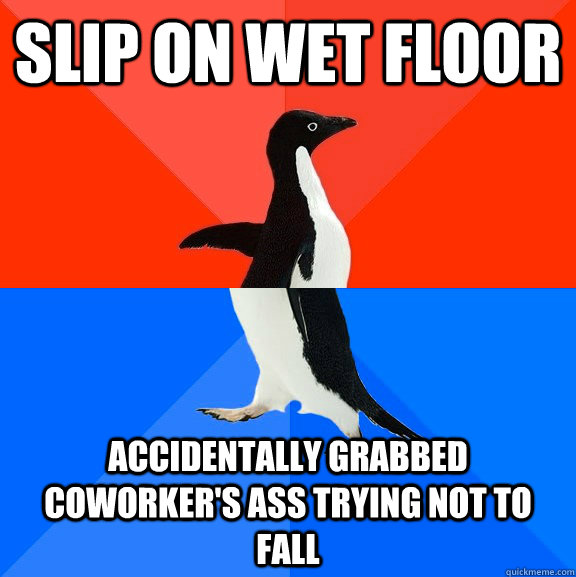 Slip on wet floor  accidentally grabbed coworker's ass trying not to fall  Socially Awesome Awkward Penguin