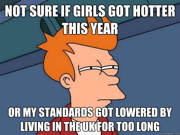 Not sure if girls got hotter this year or my standards got lowered by living in the uk for too long  Futurama Fry