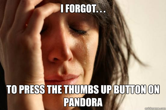 I forgot. . . to press the thumbs up button on pandora  First World Problems