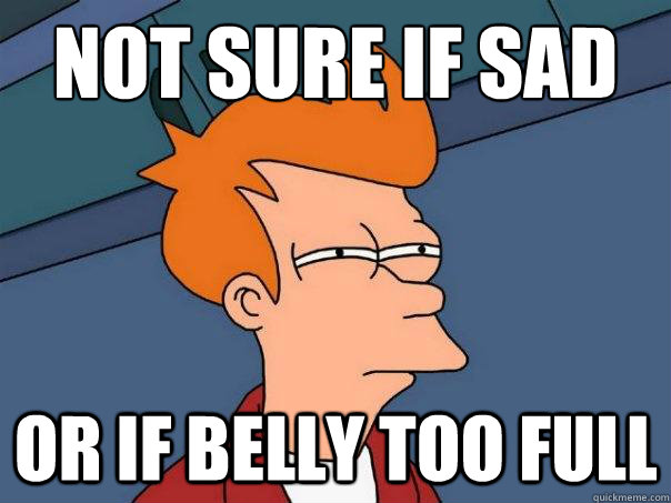 Not sure if sad Or if belly too full  Futurama Fry