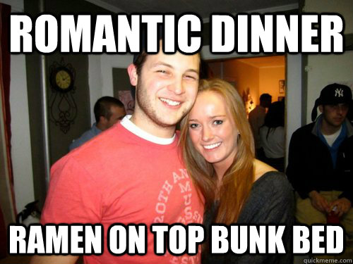 romantic dinner ramen on top bunk bed  Freshman Couple