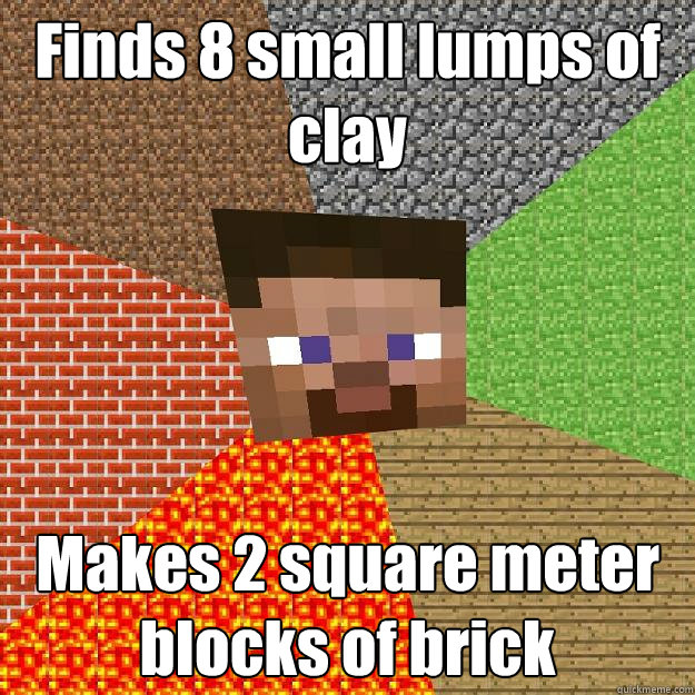 Finds 8 small lumps of clay Makes 2 square meter blocks of brick  Minecraft