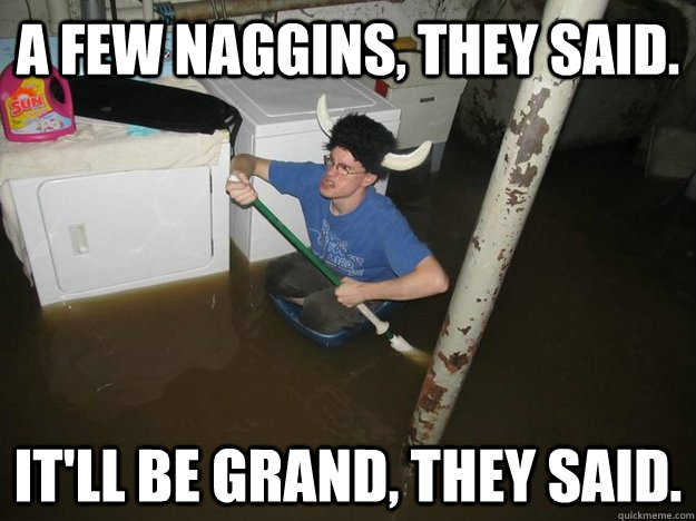 A few naggins, they said. it'll be grand, they said.  Do the laundry they said