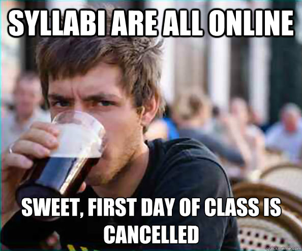Syllabi are all online Sweet, first day of class is cancelled  Lazy College Senior