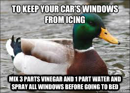 To Keep your car's windows
from icing Mix 3 parts vinegar and 1 part water and spray all windows before going to bed  Good Advice Duck