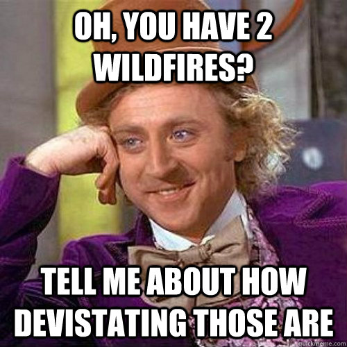 Oh, you have 2 wildfires? Tell me about how devistating those are - Oh, you have 2 wildfires? Tell me about how devistating those are  Condecending Wonka