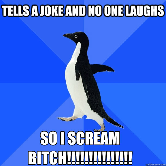 Tells a joke and no one laughs so i scream BITCH!!!!!!!!!!!!!!!  Socially Awkward Penguin