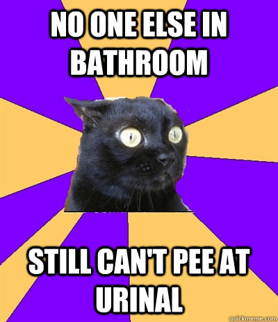 no one else in bathroom still can't pee at urinal  Anxiety Cat