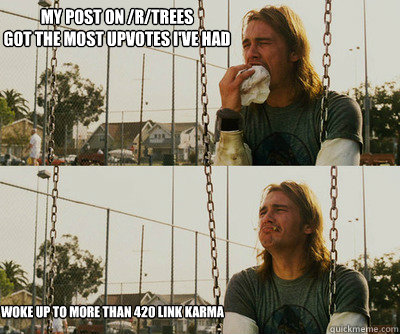 My post on /r/trees 
got the most upvotes I've had woke up to more than 420 link karma  First World Stoner Problems