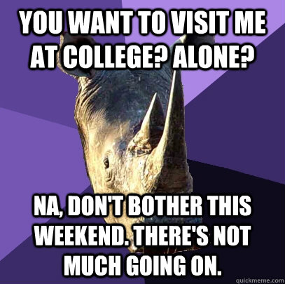 You want to visit me at college? Alone? Na, don't bother this weekend. There's not much going on.  Sexually Oblivious Rhino