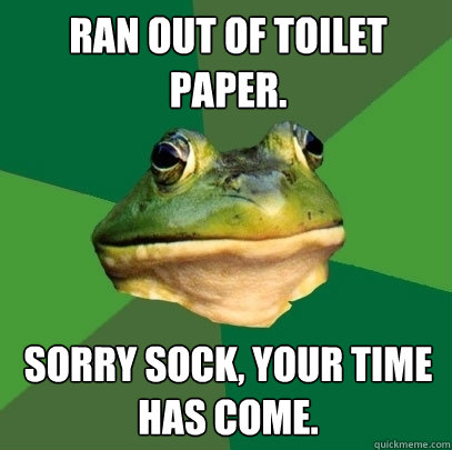 Ran out of toilet paper. Sorry sock, your time has come.  Foul Bachelor Frog