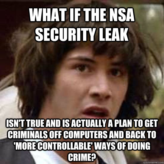 what if the NSA security leak isn't true and is actually a plan to get criminals off computers and back to 'more controllable' ways of doing crime?  conspiracy keanu