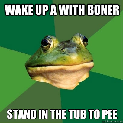 Wake up a with boner Stand in the tub to pee  Foul Bachelor Frog