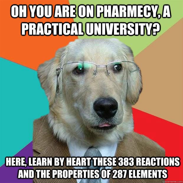 oh you are on pharmecy, a practical university? here, learn by heart these 383 reactions and the properties of 287 elements  Business Dog