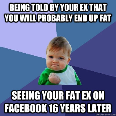 Being told by your ex that you will probably end up fat Seeing your fat ex on Facebook 16 years later  Success Kid