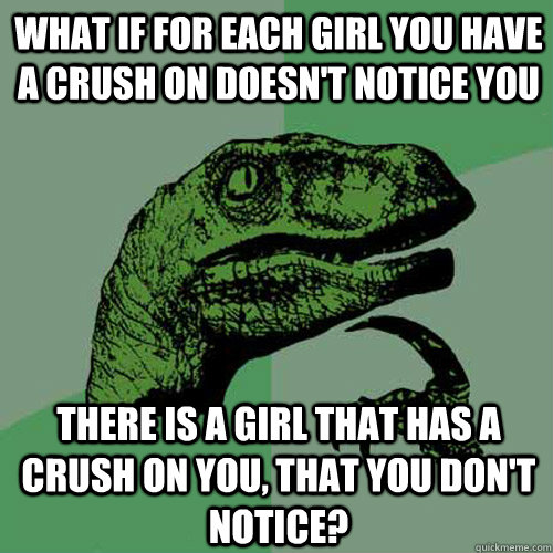 What if for each girl you have a crush on doesn't notice you There is a girl that has a crush on you, that you don't notice?  Philosoraptor