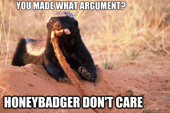 You made what argument? Honeybadger don't care  Honey Badger Dont Care