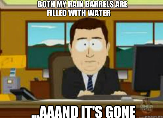 Both my rain barrels are 
      ...AAAND IT'S GONE filled with water water - Both my rain barrels are 
      ...AAAND IT'S GONE filled with water water  aaaand its gone