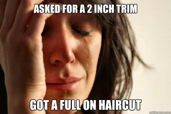 ASked for a 2 inch trim got a full on haircut  First World Problems