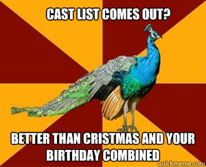 Cast list comes out? Better Than cristmas and your birthday combined  Thespian Peacock