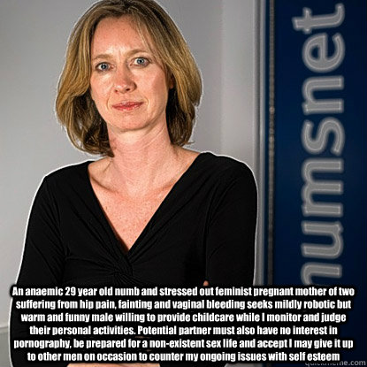 An anaemic 29 year old numb and stressed out feminist pregnant mother of two suffering from hip pain, fainting and vaginal bleeding seeks mildly robotic but warm and funny male willing to provide childcare while I monitor and judge their personal activiti  Mumsnet