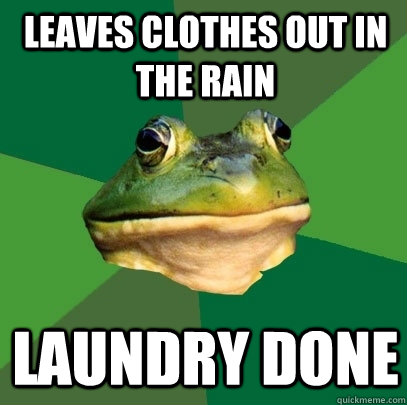 Leaves clothes out in the rain laundry done  Foul Bachelor Frog