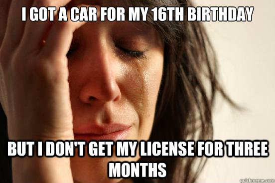 i got a car for my 16th birthday but i don't get my license for three months - i got a car for my 16th birthday but i don't get my license for three months  First World Problems