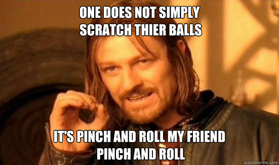 One Does Not Simply
 Scratch thier balls It's pinch and roll my friend
 Pinch and roll  Boromir