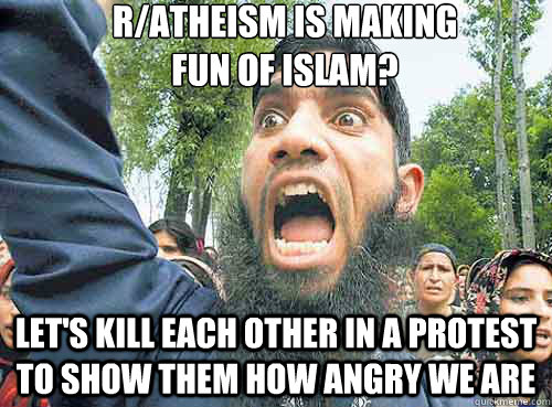 R/atheism is making 
fun of Islam? Let's kill each other in a protest to show them how angry we are  Angry Muslim Guy