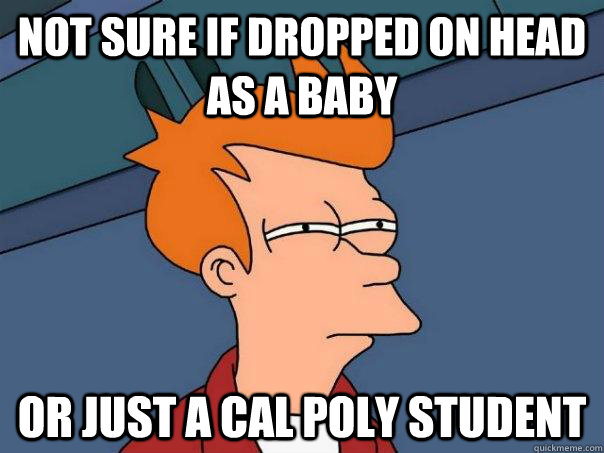 not sure if dropped on head as a baby or just a cal poly student  Futurama Fry
