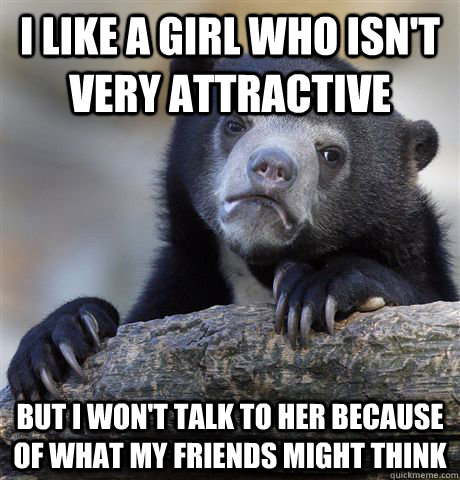 I like a girl who isn't very attractive But I won't talk to her because of what my friends might think  Confession Bear