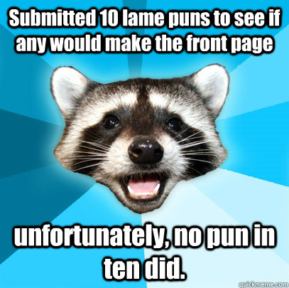 Submitted 10 lame puns to see if any would make the front page unfortunately, no pun in ten did.   Lame Pun Coon