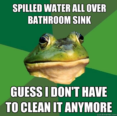 spilled water all over bathroom sink guess I don't have to clean it anymore  Foul Bachelor Frog