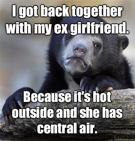 I got back together with my ex girlfriend.  Because it's hot outside and she has central air.  - I got back together with my ex girlfriend.  Because it's hot outside and she has central air.   Confession Bear
