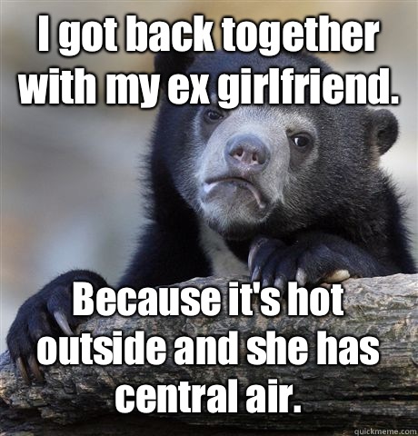 I got back together with my ex girlfriend.  Because it's hot outside and she has central air.   Confession Bear