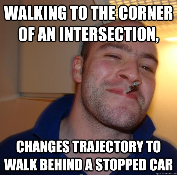 Walking to the corner of an intersection, changes trajectory to walk behind a stopped car - Walking to the corner of an intersection, changes trajectory to walk behind a stopped car  Misc
